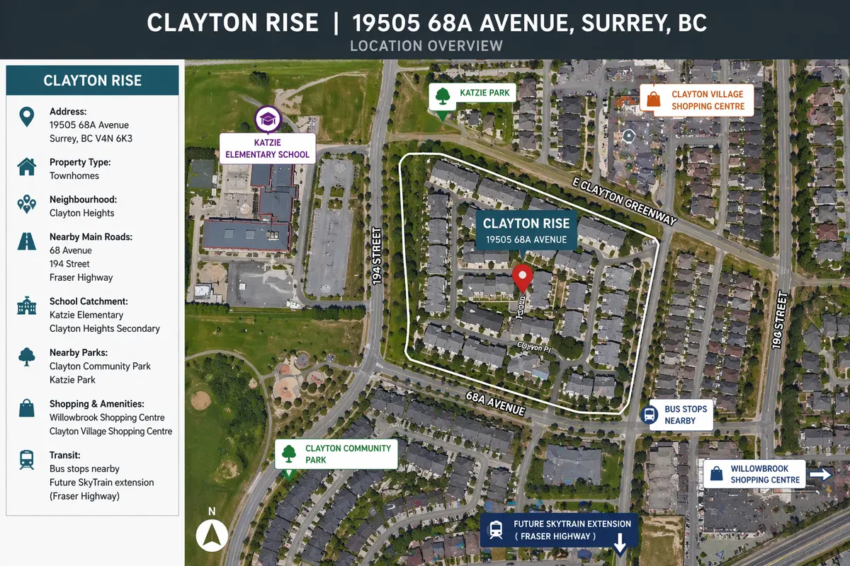 Aerial map of Clayton Rise townhomes at 19505 68A Avenue in Clayton Heights Surrey, BC, showing surrounding streets, Katzie Elementary, nearby parks, and local residential neighbourhood.