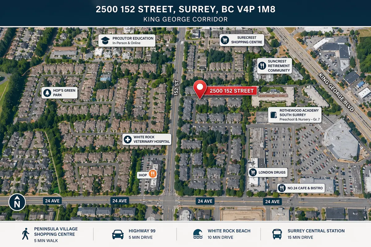 Aerial map of Peninsula Village townhomes at 2500 152 Street in South Surrey, BC, showing surrounding streets, King George Boulevard, nearby shopping, parks, schools, and local amenities.