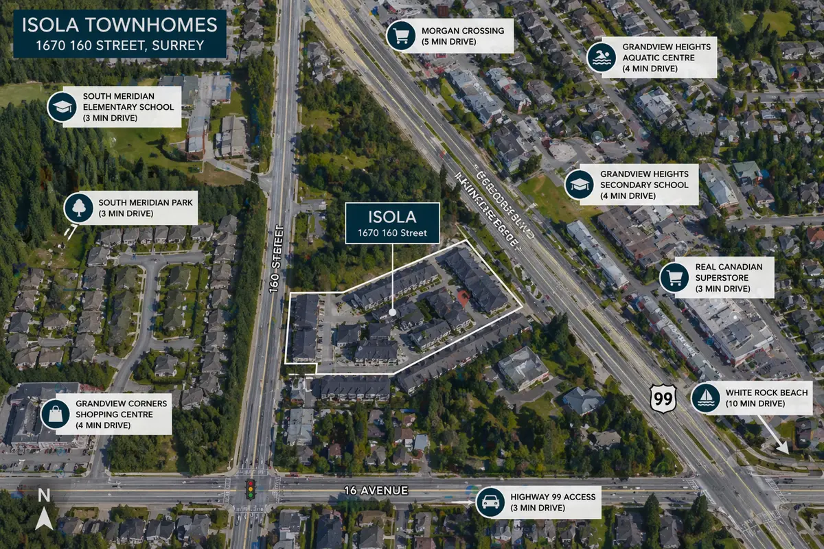 Aerial map of Isola townhomes at 1670 160 Street in South Surrey BC showing Grandview Heights location, nearby schools, parks, shopping, and Highway 99 access.