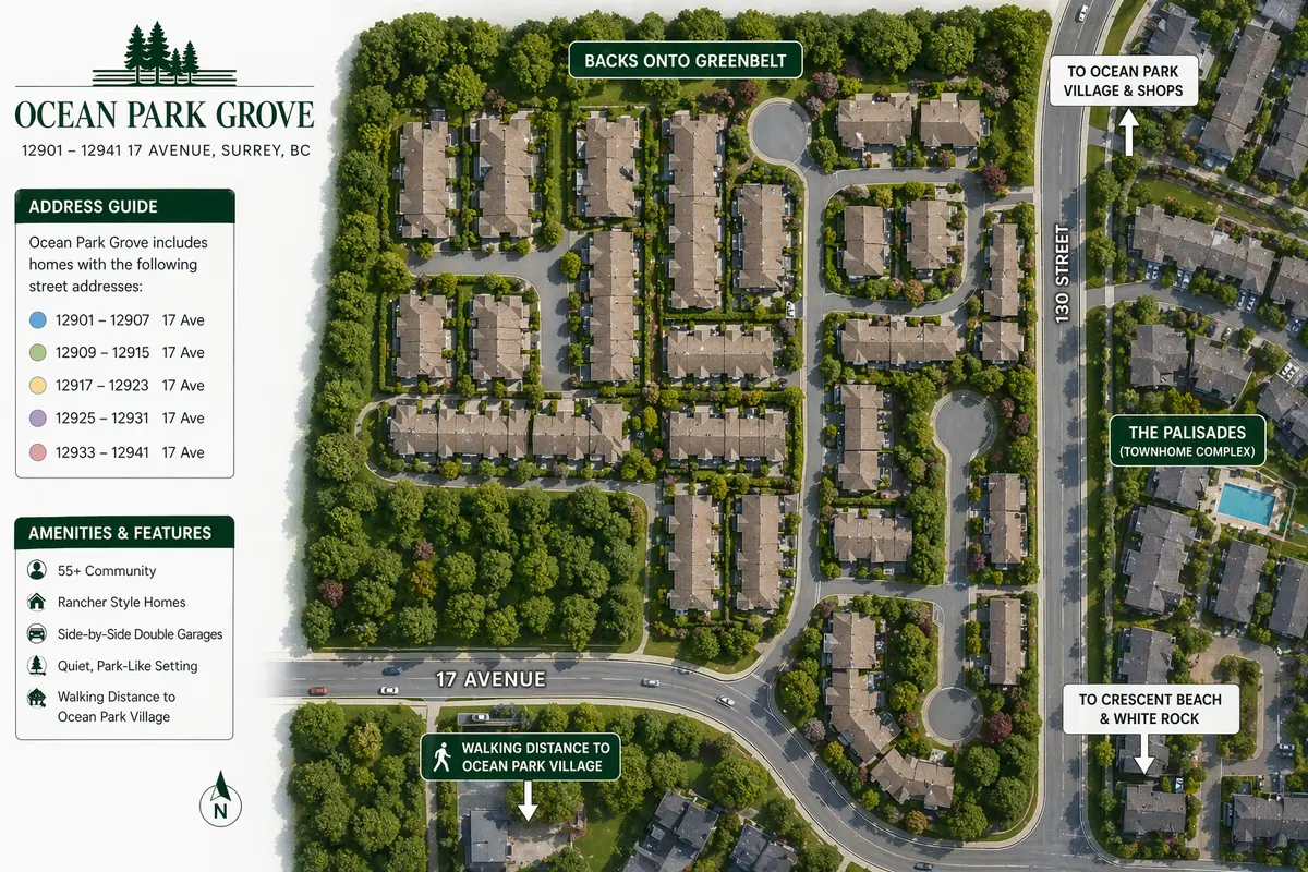 Aerial site map of Ocean Park Grove townhomes in South Surrey BC showing complex layout, greenbelt backing, nearby Ocean Park Village, and surrounding residential areas.
