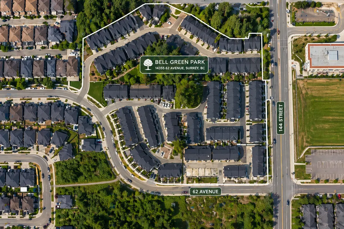 Aerial map view of Bell Green Park townhomes at 14355 62 Avenue in Surrey BC, showing the full layout of the 57-unit complex near 144 Street, surrounding residential streets, nearby school fields, and the Sullivan Heights neighbourhood in South Newton.