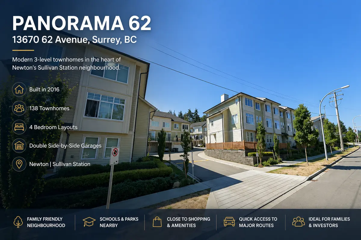 Wide-angle hero image of Panorama 62 townhomes at 13670 62 Avenue in Surrey BC, showing modern multi-level townhouse buildings, landscaped walkways, and street view in the Newton and Sullivan Station neighbourhood.