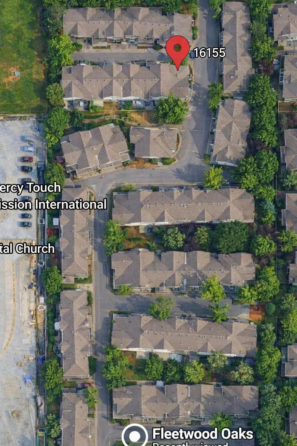 Aerial map of Fleetwood Oaks townhomes located at 16155 82 Avenue in Surrey BC showing complex layout and surrounding residential area