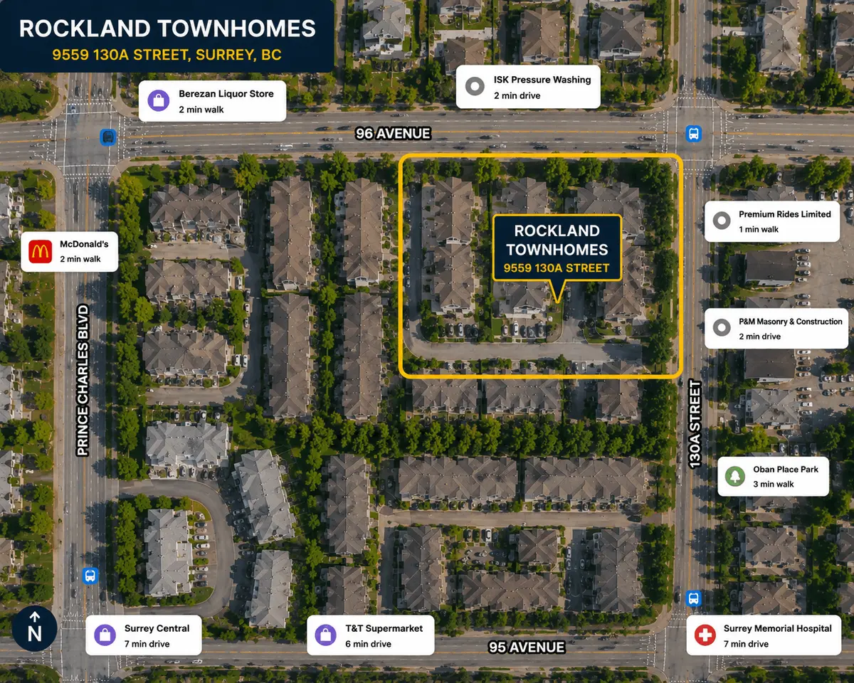 Aerial map view highlighting the Rockland townhouse complex at 9559 130A Street in Queen Mary Park Surrey BC near 96 Avenue and Prince Charles Boulevard