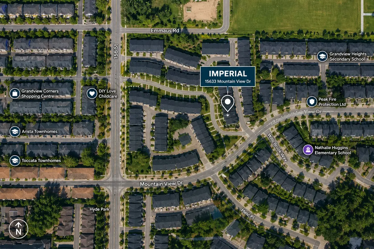 Aerial map of Imperial townhomes at 15633 Mountain View Drive South Surrey Grandview Heights showing nearby streets, schools and amenities