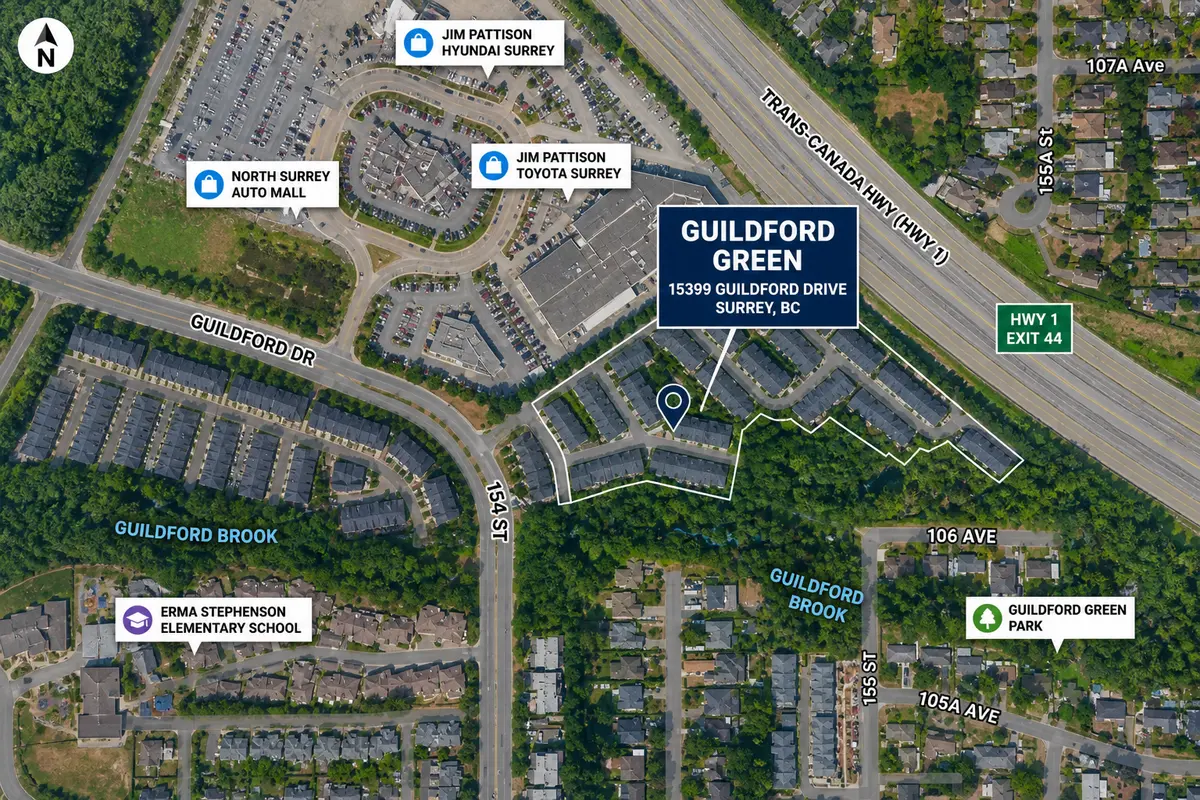 Map of Guildford Green townhomes at 15399 Guildford Drive Surrey BC showing location near Highway 1, Guildford Drive, nearby schools, parks and amenities