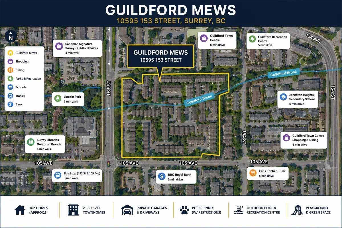 Aerial map highlighting Guildford Mews townhomes at 10595 153 Street in Surrey with nearby amenities, parks, schools, and Guildford Town Centre