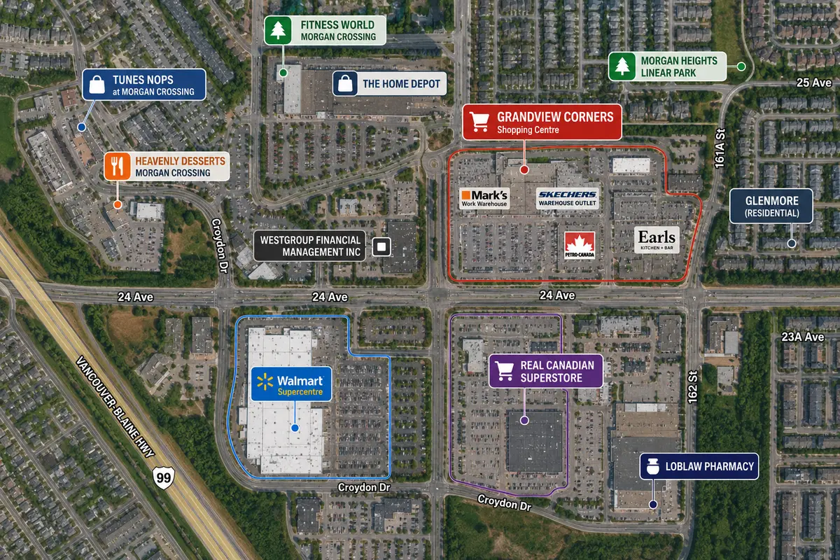 Aerial map showing Orchard Park townhomes in Grandview Heights Surrey BC with nearby amenities including Grandview Corners, Walmart Supercentre, Real Canadian Superstore, Home Depot, Morgan Crossing shopping district, and surrounding residential neighbourhoods.