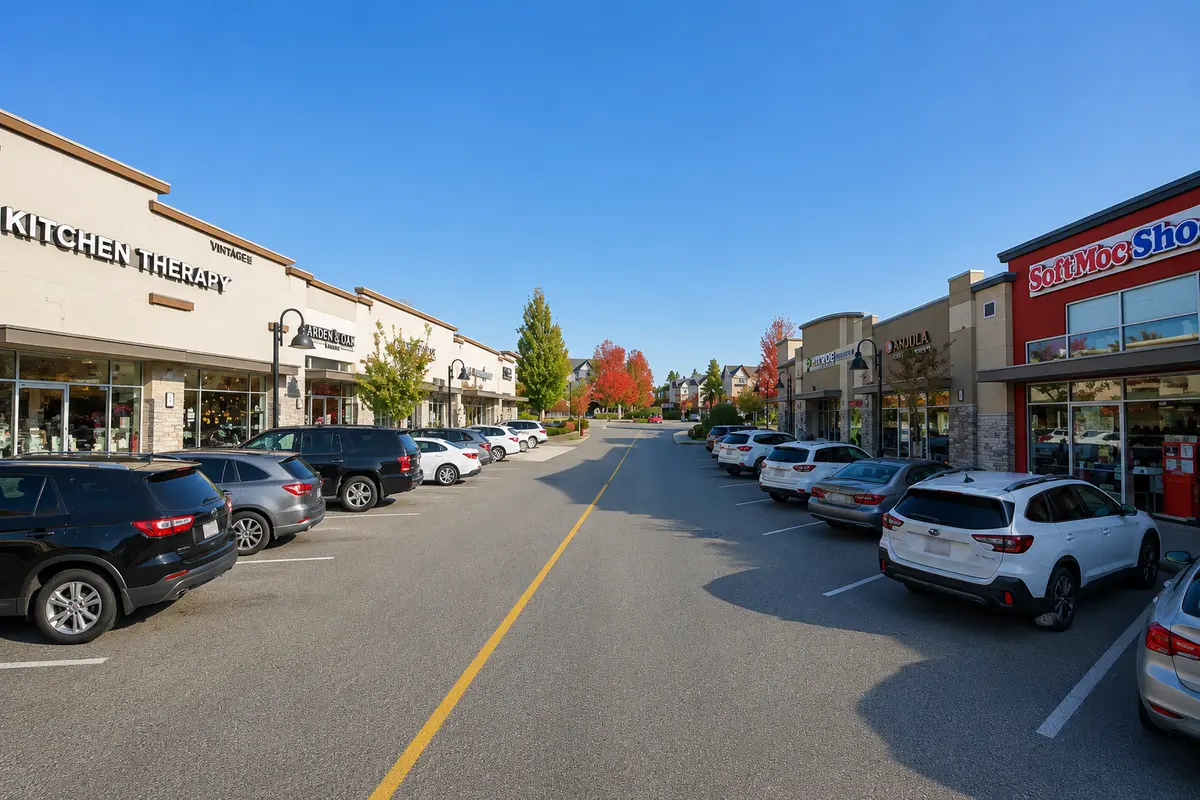 Street-level view of Grandview Corners shopping centre in South Surrey BC featuring retail storefronts, restaurants, pedestrian-friendly walkways, surface parking, and convenient shopping amenities near Orchard Park townhomes.