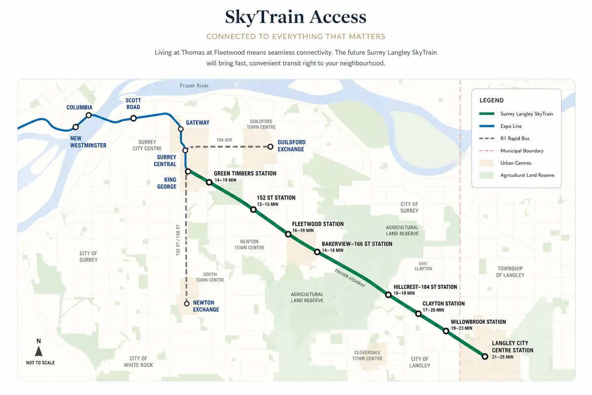 Map of the future Surrey Langley SkyTrain extension showing Fleetwood Station, nearby transit connections, and rapid transit access for residents of Thomas at Fleetwood townhomes in Surrey, BC.