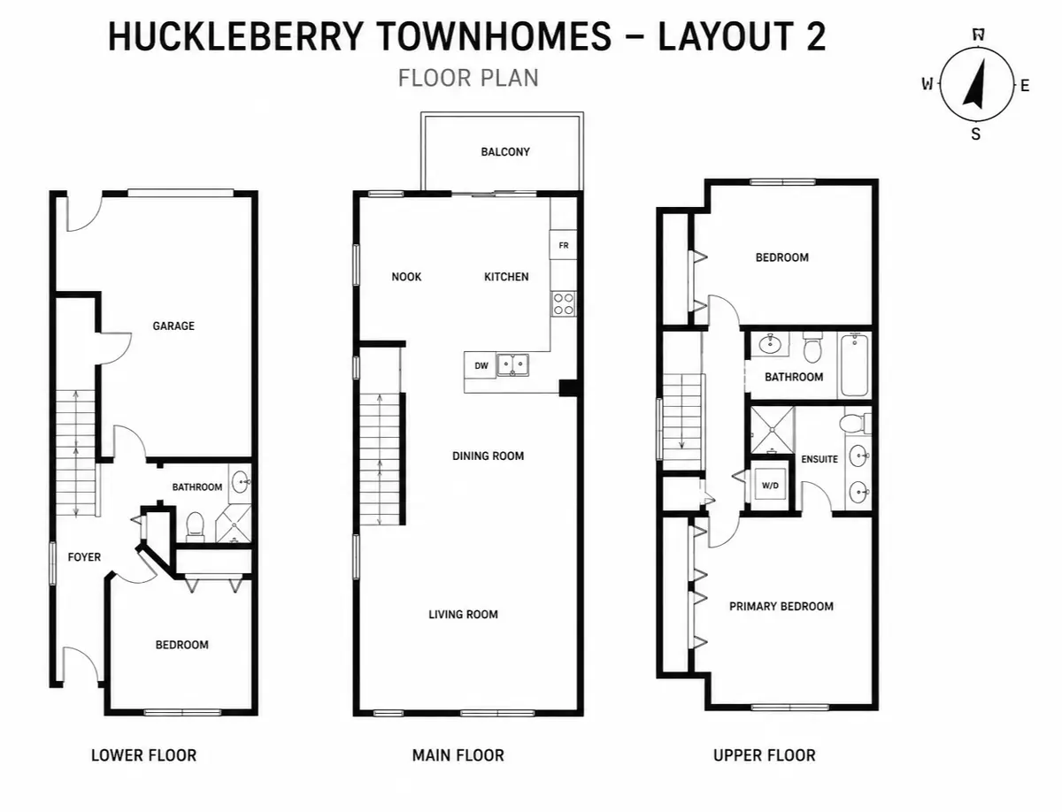 Huckleberry Townhomes Layout 2 floor plan at 15871 85 Avenue Surrey BC showing a three-level townhouse with 3 bedrooms, 3 bathrooms, tandem garage, open-concept main floor living area, balcony, and private entry.