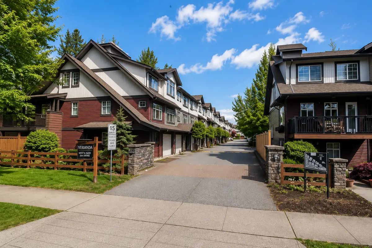 Main entrance to Veranda Townhomes at 16177 and 16233 83 Avenue in Fleetwood, Surrey BC, featuring the community entrance and internal roadway.
