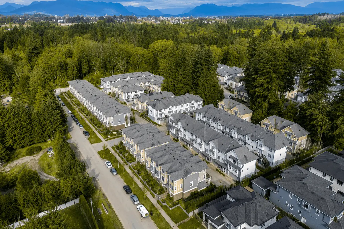 High-resolution aerial view of Canopy at Tynehead Park townhomes at 9718 161A Street in Fleetwood, Surrey, showcasing the 302-home community bordering Tynehead Regional Park with surrounding forest, neighbouring homes, and mountain views in the distance.