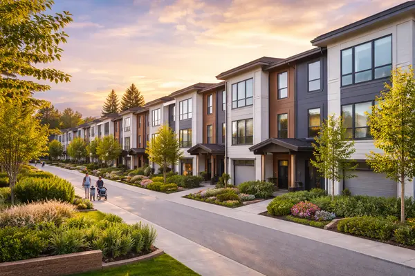 Modern townhouse community in Surrey BC with landscaped streets and contemporary townhomes