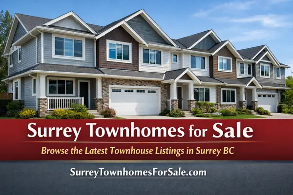 surrey town homes for sale with a picture of town homes in the back ground