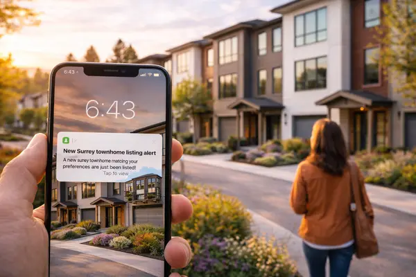 cellphone with townhome listing alerts in Surrey BC