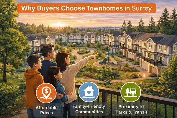 why families choose surrey townhomes looking over a townhome complex with landscaping and a playground