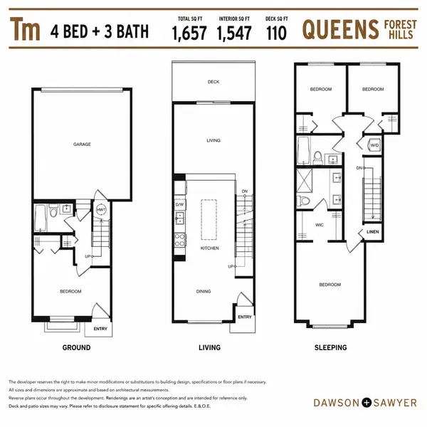 Queens Surrey TM floor plan by Dawson + Sawyer showcasing a 4 bedroom, 3 bathroom townhome with attached garage, main-level bedroom, open-concept kitchen with island, spacious living and dining areas, outdoor deck, and upper-level bedrooms within the Queens Forest Hills presale community in Surrey BC.