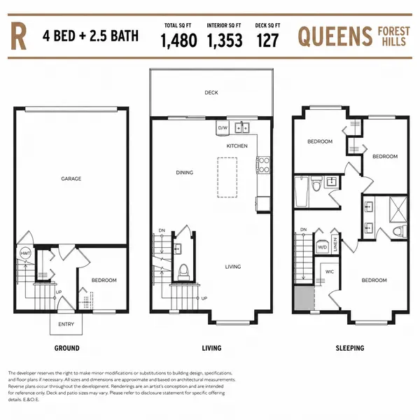 Queens Surrey R floor plan by Dawson + Sawyer showcasing a 4 bedroom, 2.5 bathroom townhome with attached garage, main-floor living space, outdoor deck, upper-level bedrooms, and family-friendly layout within the Queens Forest Hills presale community in Surrey BC.