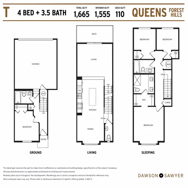 Queens Surrey T floor plan by Dawson + Sawyer showcasing a 4 bedroom, 3.5 bathroom townhome with attached garage, ground-level bedroom and bathroom, open-concept main living space, outdoor deck, and upper-level bedrooms within the Queens Forest Hills presale community in Surrey BC.