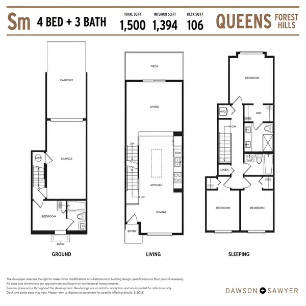 Queens Surrey SM floor plan by Dawson + Sawyer showcasing a 4 bedroom, 3 bathroom townhome with attached garage, covered carport, open-concept main living space, outdoor deck, and upper-level bedrooms within the Queens Forest Hills presale community in Surrey BC.
