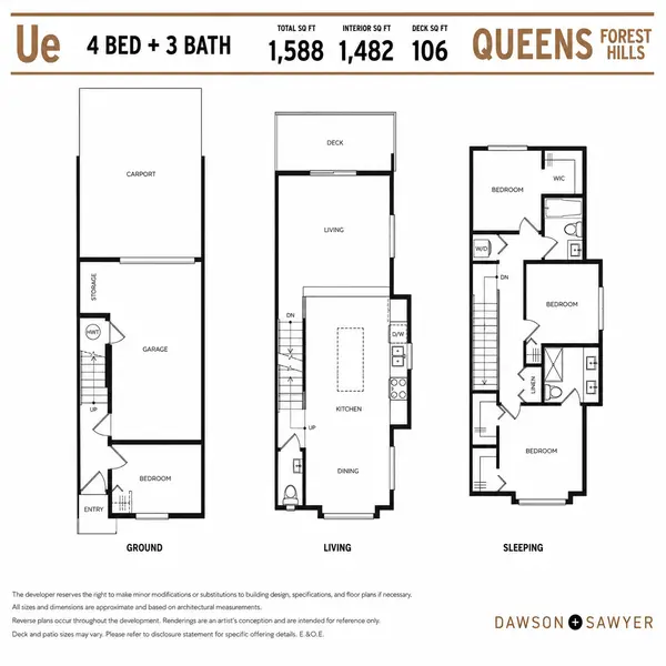 Queens Surrey UE floor plan by Dawson + Sawyer showcasing a 4 bedroom, 3 bathroom townhome with attached garage, covered carport, spacious open-concept living area, outdoor deck, and upper-level bedrooms within the Queens Forest Hills presale community in Surrey BC.