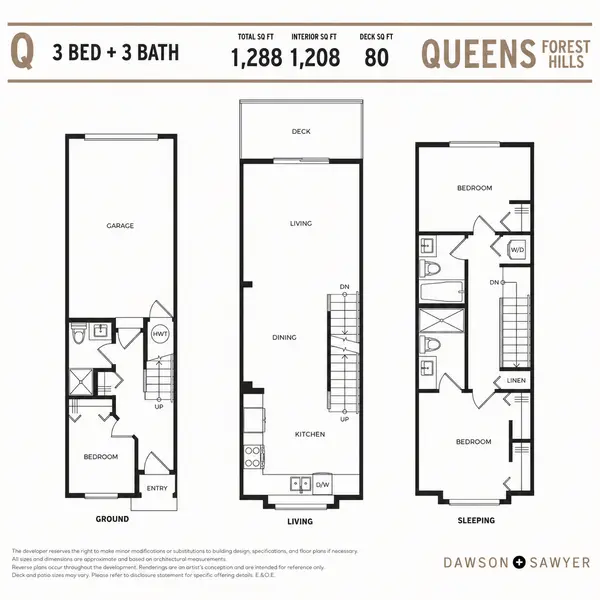 Queens Surrey Q floor plan by Dawson + Sawyer showcasing a 3 bedroom, 3 bathroom townhome with attached garage, open-concept kitchen and living area, outdoor deck, and upper-level bedrooms within the Queens Forest Hills presale community in Surrey BC.