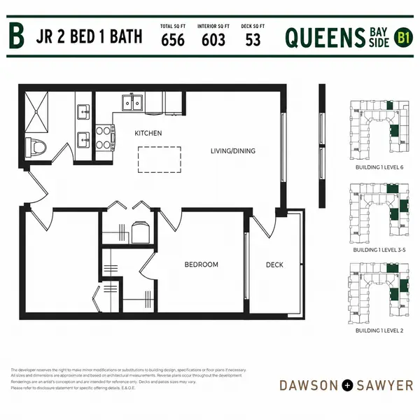 Queens Bay Side Floor Plan B junior 2 bedroom, 1 bathroom condo layout in Building B1. This Dawson + Sawyer Surrey presale condo features 656 square feet total, 603 square feet of interior living space, an open-concept kitchen and living area, flexible second bedroom, and a 53 square foot private balcony.