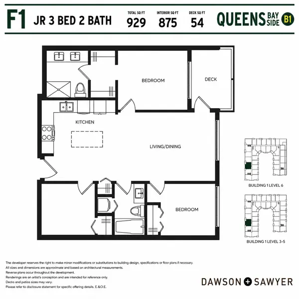 Queens Bay Side Floor Plan F1 junior 3 bedroom, 2 bathroom condo layout in Building B1. This Dawson + Sawyer Surrey presale condo features 929 square feet total, 875 square feet of interior living space, an open-concept kitchen with island, spacious living and dining area, three bedrooms, two full bathrooms, and a 54 square foot private balcony.