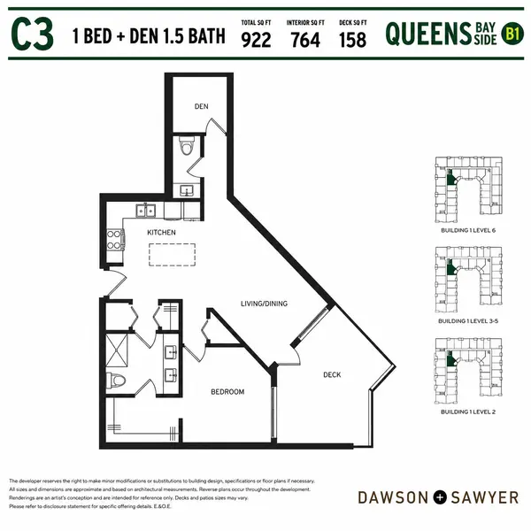 Queens Bay Side Floor Plan C3 1 bedroom plus den, 1.5 bathroom condo layout in Building B1. This Dawson + Sawyer Surrey presale condo features 922 square feet total, 764 square feet of interior living space, a large open-concept kitchen with island, dedicated den, spacious primary bedroom, powder room, full ensuite bathroom, and a 158 square foot private balcony.