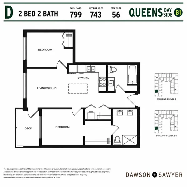 Queens Bay Side Floor Plan D two bedroom, two bathroom condo layout in Building B1. This Dawson + Sawyer Surrey presale condo features 799 square feet total, 743 square feet of interior living space, an open-concept kitchen with island, spacious living and dining area, two full bedrooms, two bathrooms, and a 56 square foot private balcony.