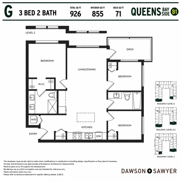 Queens Bay Side Floor Plan G 3 bedroom, 2 bathroom condo layout in Building B1 by Dawson + Sawyer. This Surrey presale condo offers 926 square feet total, 855 square feet of interior living space, a large open-concept kitchen and living area, three bedrooms, two bathrooms, walk-in closet in the primary bedroom, and a 71 square foot private deck.