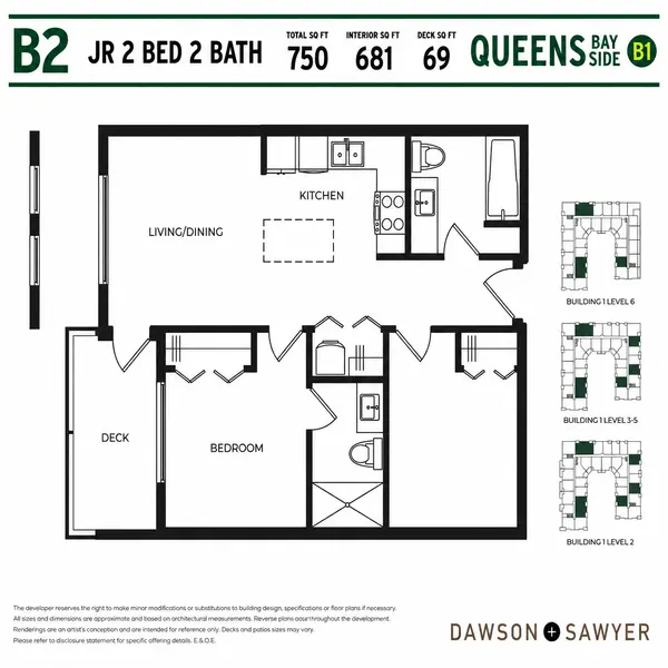 Queens Bay Side Floor Plan B2 junior 2 bedroom, 2 bathroom condo layout in Building B1. This Dawson + Sawyer Surrey presale condo features 750 square feet total, 681 square feet of interior living space, an open-concept kitchen with island, spacious living and dining area, two bedrooms, two full bathrooms, and a 69 square foot private balcony.
