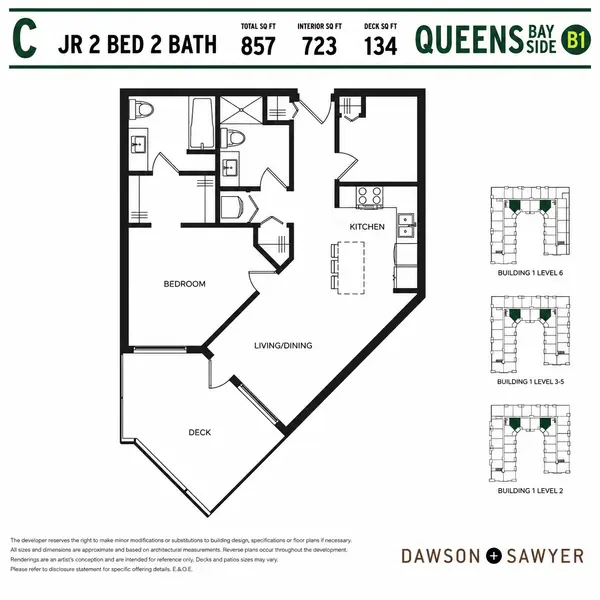 Queens Bay Side Floor Plan C junior 2 bedroom, 2 bathroom condo layout in Building B1. This Dawson + Sawyer Surrey presale condo features 857 square feet total, 723 square feet of interior living space, an open-concept kitchen with island, spacious living and dining area, two full bathrooms, and a large 134 square foot private balcony.