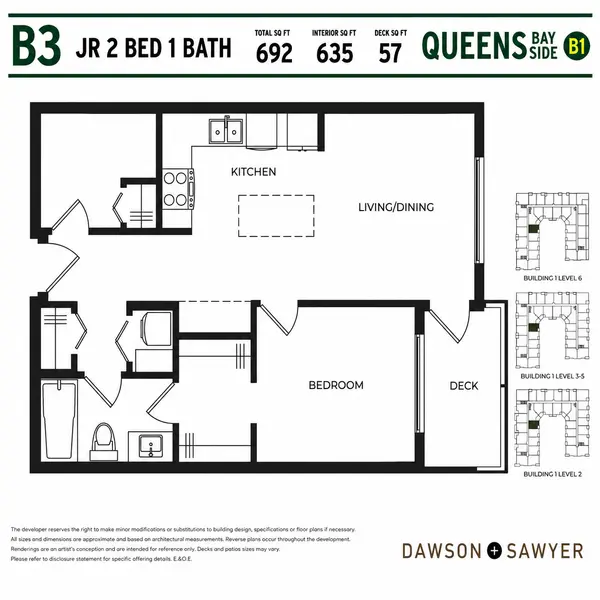Queens Bay Side Floor Plan B3 junior 2 bedroom, 1 bathroom condo layout in Building B1. This Dawson + Sawyer Surrey presale condo features 692 square feet total, 635 square feet of interior living space, an open-concept kitchen with island, spacious living and dining area, flexible second bedroom, and a 57 square foot private balcony.