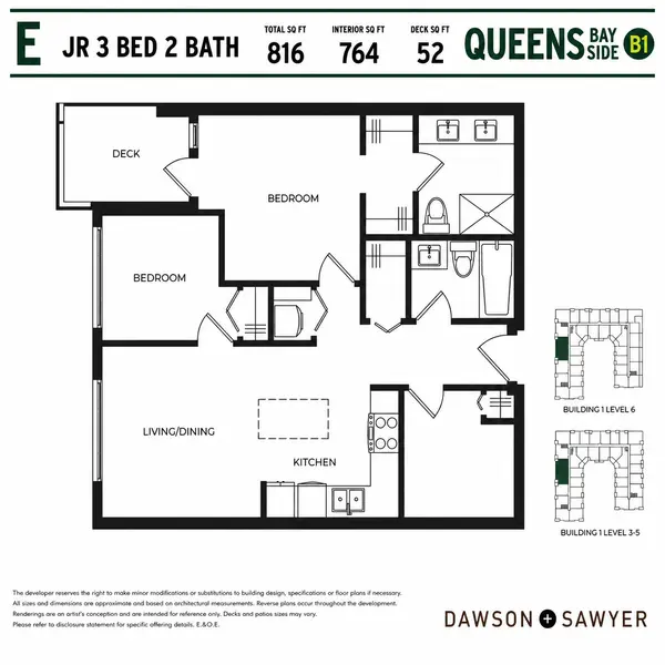 Queens Bay Side Floor Plan E junior 3 bedroom, 2 bathroom condo layout in Building B1. This Dawson + Sawyer Surrey presale condo features 816 square feet total, 764 square feet of interior living space, an open-concept kitchen with island, three bedrooms, two full bathrooms, a spacious living and dining area, and a private 52 square foot balcony.