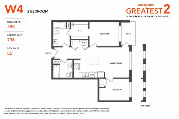 W4 two-bedroom floor plan at Guildford The Greatest 2 by Dawson + Sawyer featuring approximately 736 sq. ft. of interior living space, two full bathrooms, open-concept living and dining area, private 50 sq. ft. deck and two spacious bedrooms in Guildford, Surrey.