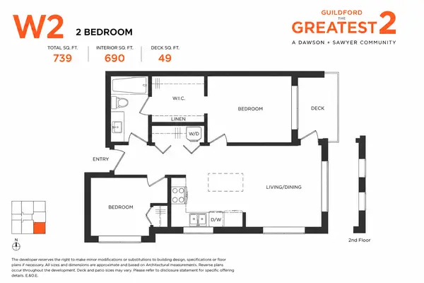 W2 two-bedroom floor plan at Guildford The Greatest 2 by Dawson + Sawyer featuring approximately 690 sq. ft. of interior living space, a walk-in closet, open-concept kitchen and living area, private deck and two spacious bedrooms in Guildford, Surrey.