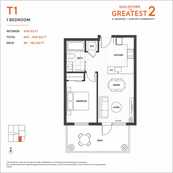 T1 one-bedroom floor plan at Guildford The Greatest 2 by Dawson + Sawyer featuring approximately 506 sq. ft. of interior living space, an open-concept layout, spacious private deck and modern kitchen in Guildford, Surrey.