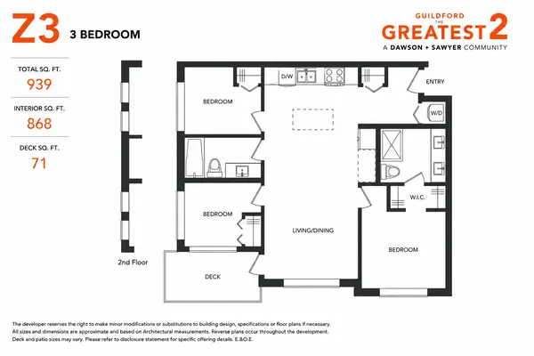 Z3 three-bedroom floor plan at Guildford The Greatest 2 by Dawson + Sawyer featuring approximately 868 sq. ft. of interior living space, three bedrooms, two full bathrooms, a walk-in closet, open-concept kitchen and living area, and a 71 sq. ft. private deck in Guildford, Surrey.