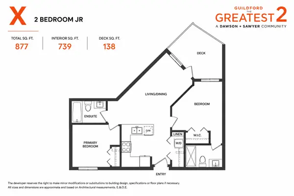 X Junior 2 Bedroom floor plan at Guildford The Greatest 2 by Dawson + Sawyer featuring approximately 739 sq. ft. of interior living space, an open-concept layout, two bathrooms, walk-in closet and a large 138 sq. ft. private deck in Guildford, Surrey.