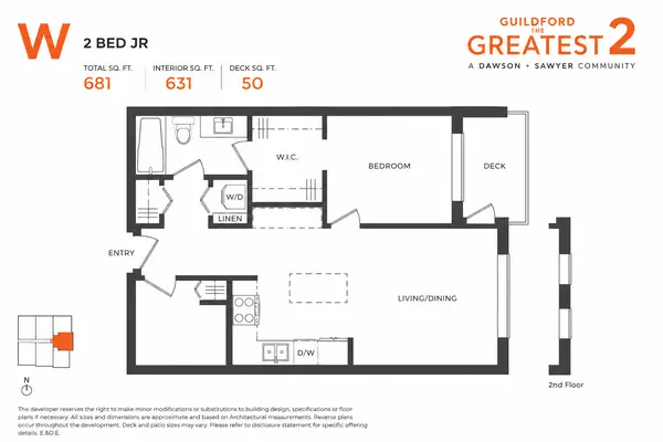W Junior 2 Bedroom floor plan at Guildford The Greatest 2 by Dawson + Sawyer featuring 631 sq. ft. of interior living space, a walk-in closet, open-concept kitchen and living area, and a 50 sq. ft. private deck in Guildford, Surrey.