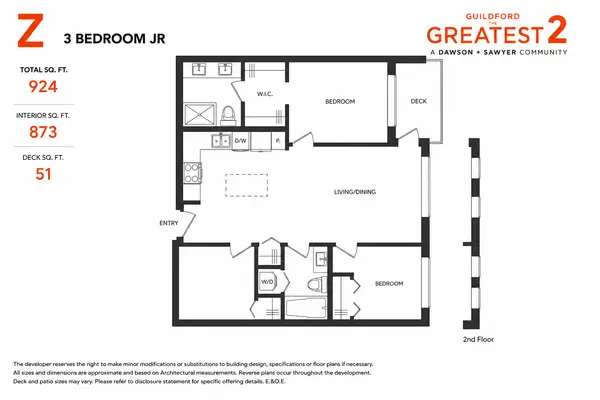 Z Junior 3 Bedroom floor plan at Guildford The Greatest 2 by Dawson + Sawyer featuring approximately 873 sq. ft. of interior living space, three bedrooms, two full bathrooms, an open-concept kitchen and living area, walk-in closet, and a 51 sq. ft. private deck in Guildford, Surrey.