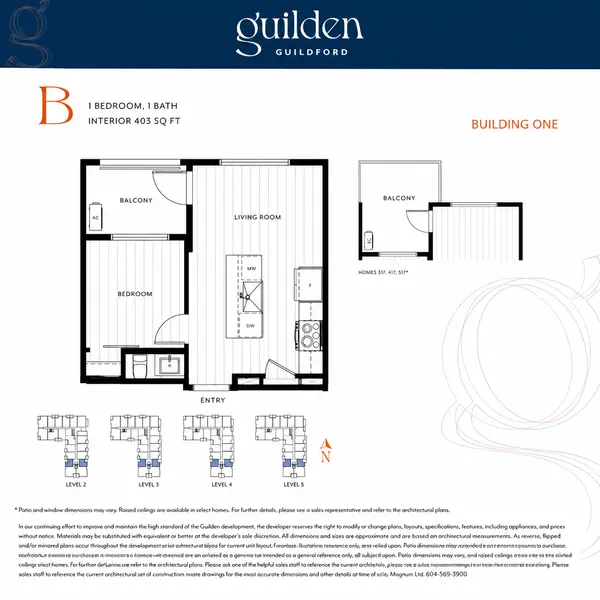 Guilden Floor Plan B by RDG Developments featuring a 403 sq. ft. one-bedroom, one-bathroom condominium with an open-concept kitchen and living area, private balcony, and building location diagram in Guildford, Surrey.