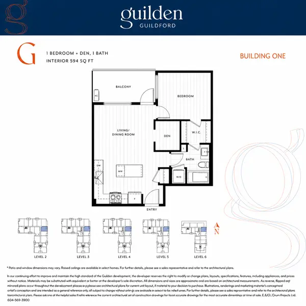 Guilden Floor Plan G by RDG Developments featuring a 594 sq. ft. one-bedroom plus den, one-bathroom condominium with an open-concept living and dining area, kitchen island, walk-in closet, private balcony and building location diagram in Guildford, Surrey.