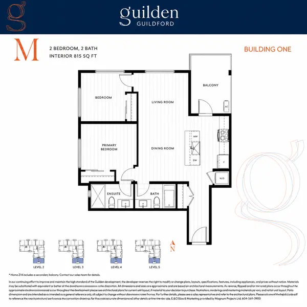 Guilden Guildford Floor Plan M featuring an 815 sq ft 2-bedroom, 2-bathroom condo with an open-concept kitchen, dining and living area, large kitchen island, private balcony, ensuite bathroom, in-suite laundry, and generous storage.