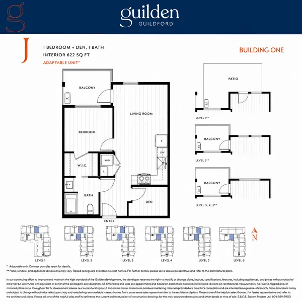 Guilden Floor Plan J by RDG Developments featuring a 622 sq. ft. adaptable one-bedroom plus den, one-bathroom condominium with an open-concept living area, walk-in closet, private balcony or patio options, and building location diagram in Guildford, Surrey.