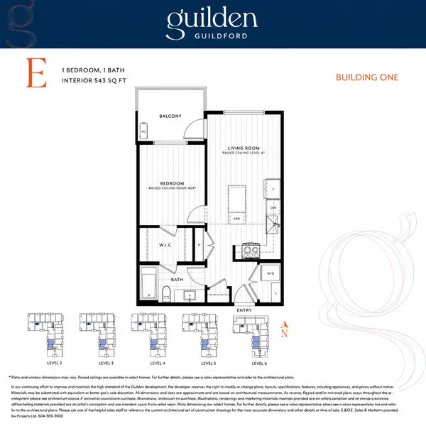 Guilden Floor Plan E by RDG Developments featuring a 543 sq. ft. one-bedroom, one-bathroom condominium with an open-concept kitchen and living area, walk-in closet, private balcony and building location diagram in Guildford, Surrey.