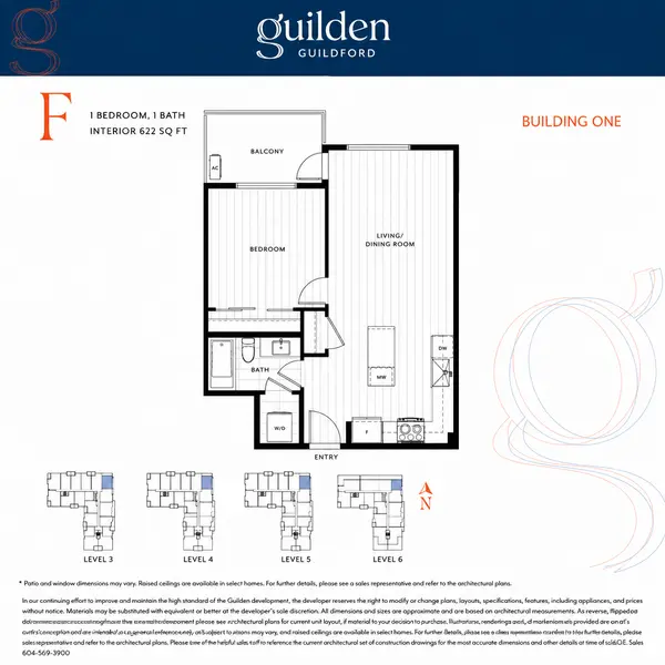 Guilden Floor Plan F by RDG Developments featuring a 622 sq. ft. one-bedroom, one-bathroom condominium with an open-concept living and dining area, kitchen island, private balcony and building location diagram in Guildford, Surrey.