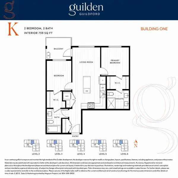 Guilden Guildford Floor Plan K featuring a 759 sq ft 2-bedroom, 2-bathroom condo with an open-concept kitchen, living room, island, private balcony, walk-in closets, ensuite bathroom, and in-suite laundry.